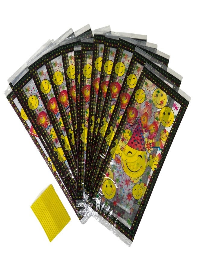 أوانفون أكياس على شكل وجه مبتسم - 25 كيسًا من السيلوفان مع أربطة لولبية لتوزيعات حفلات الوجه المبتسم، أكياس هدايا صيفية، أكياس بلاستيكية مزينة بابتسامة إيموجي لعيد ميلاد فتاة، كمية كبيرة، تضيف لمسة مميزة لديكورات الحفلات - Image 1